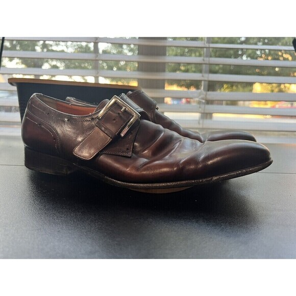 Santoni Men's Loafers Single Monk Strap shoes Size US 9 Leather Logo Brown - Picture 2 of 9